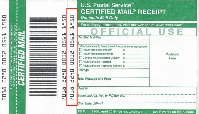 Close-up of a USPS Certified Mail Receipt