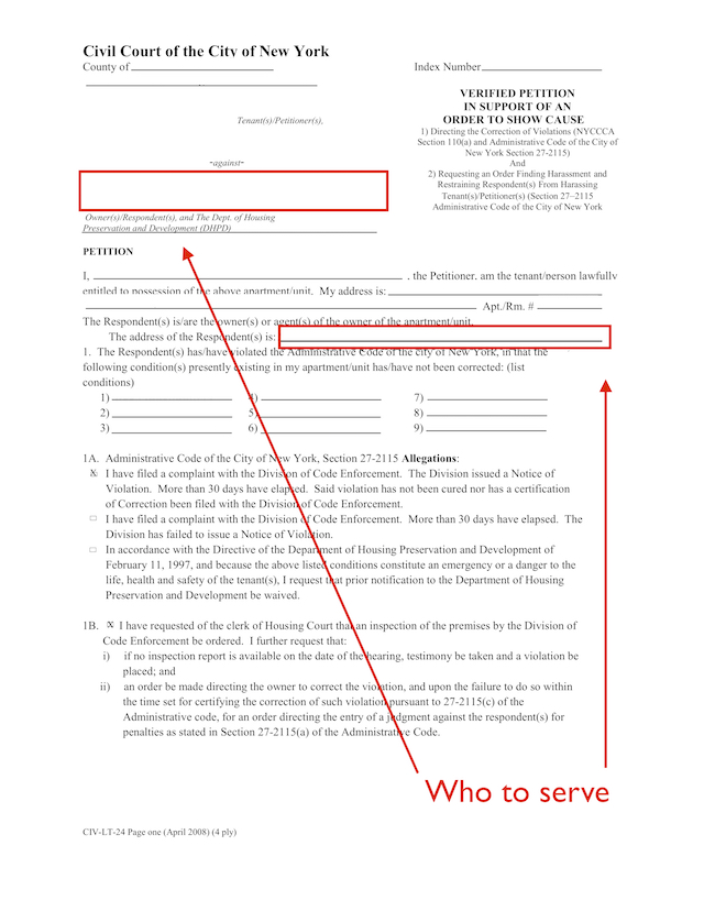 Close-up of form identifying where information on who to serve is located for Repairs and Harassment cases